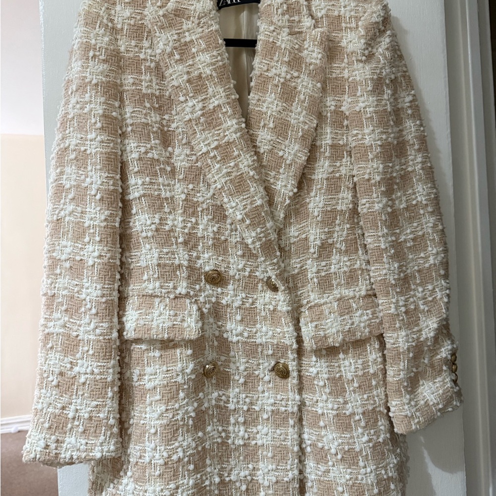 Zara Beige Tweed Double-Breasted Blazer